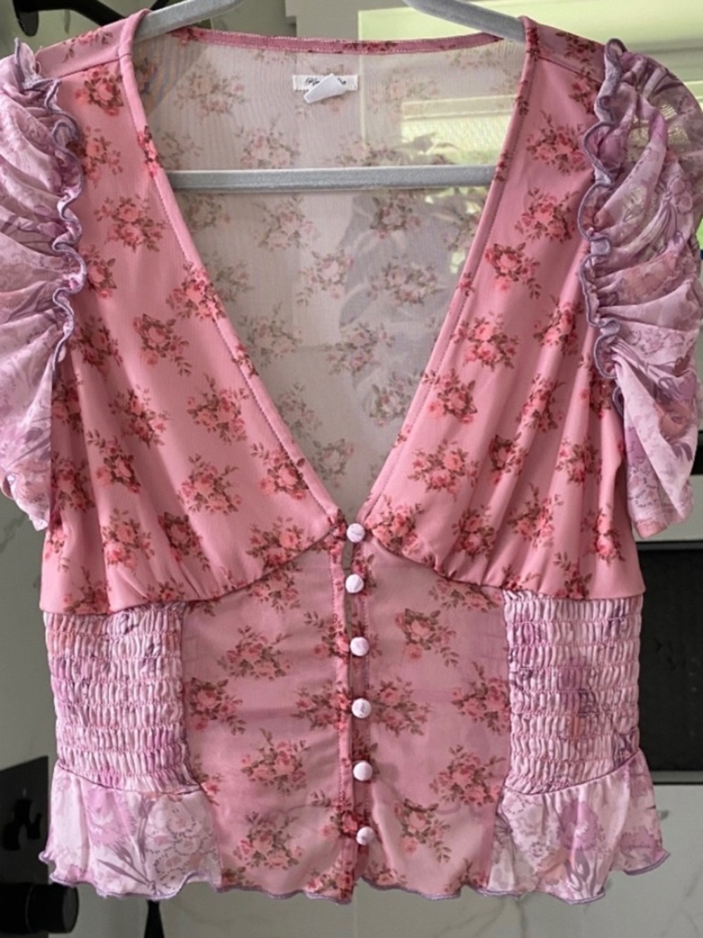 Kimchi blue pink floral cropped blouse top
